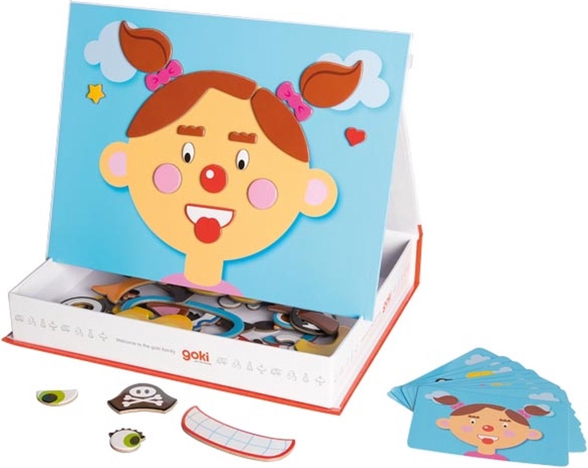 Children's toy set with face parts and cards on a white background