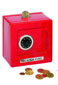 Red 'Vacation Fund' piggy bank with coins on a white background