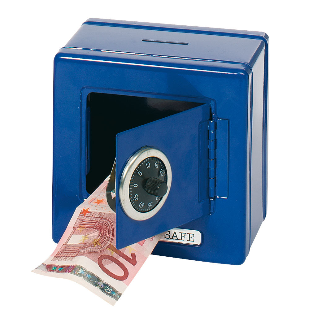 Blue safe with a combination lock and a 10 Euro banknote sticking out of it on a white background.
