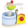 Colorful wooden toy kitchen set on a white background