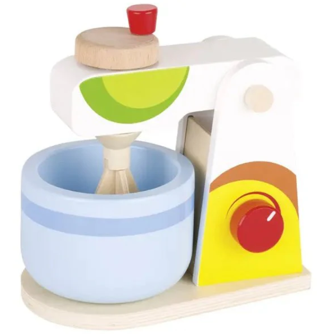 Colorful wooden toy kitchen set on a white background