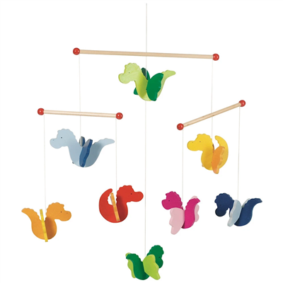 Colorful animal-themed mobile with hanging figures on a white background