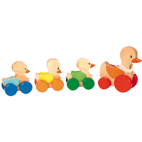 Set of colorful duck toys with wheels on a white background