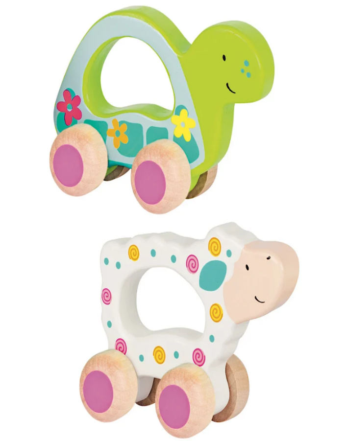 Two colorful wooden toys shaped like turtles on a white background
