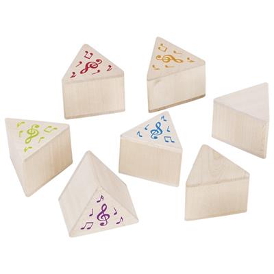 Set of triangular wooden blocks with musical符号 on a white background