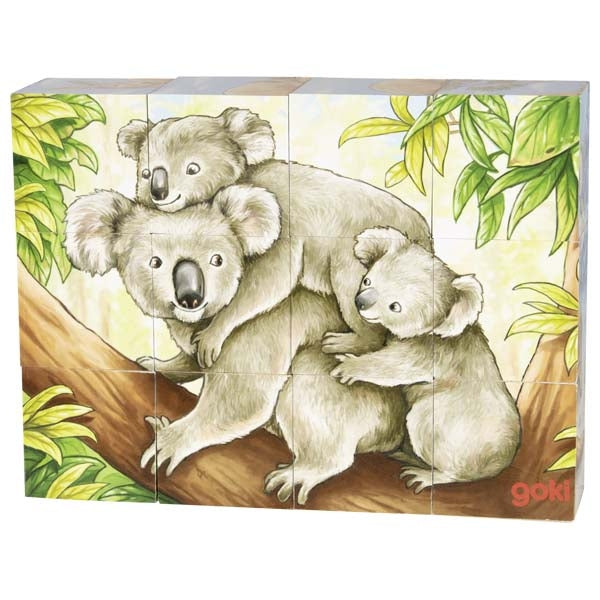 Wooden toy with koala illustrations on a white background