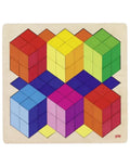 Colorful geometric wooden puzzle on a white background