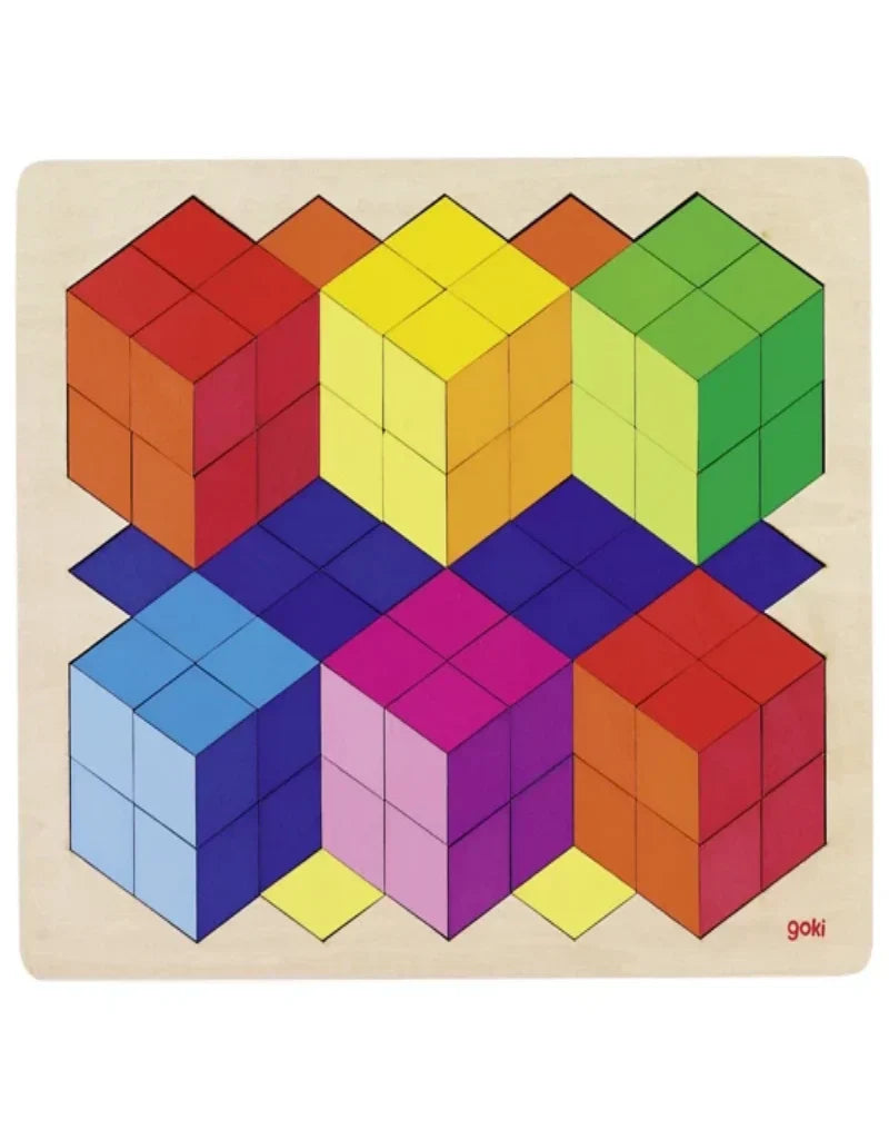 Colorful geometric wooden puzzle on a white background