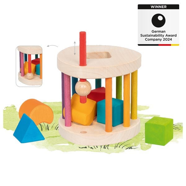 Colorful wooden toy with geometric shapes and a German Sustainability Award badge on a white background