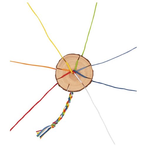 Wooden circle with colorful strings tied to it on a white background