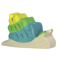 Colorful wooden toy snail with a green shell on a white background