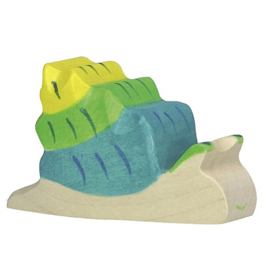 Colorful wooden toy snail with a green shell on a white background