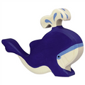 Wooden toy whale with blue body and white top on a white background