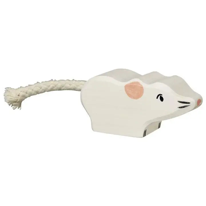 White mouse-shaped toy with a rope on a white background