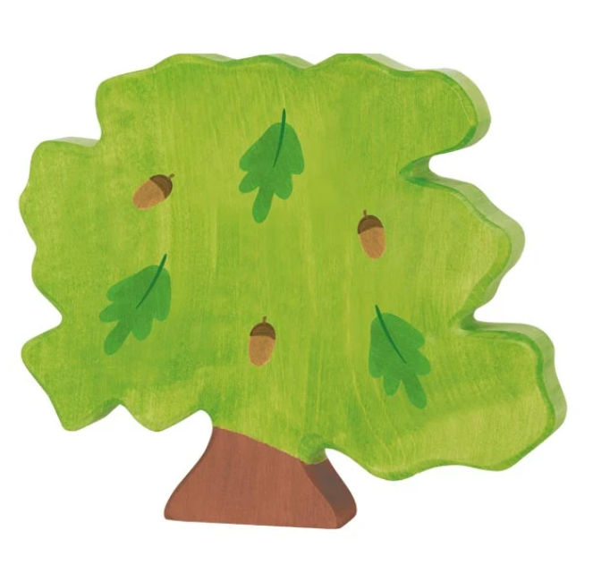 Wooden toy tree with green leaves and brown acorns on a white background