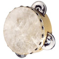 Tambourine with stone-like surface and metallic jingles on a white background