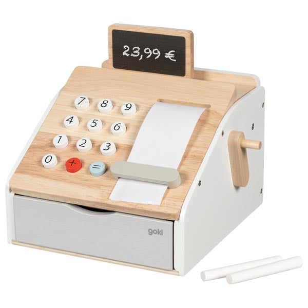 Wooden toy cash register with display and paper roll on a white background