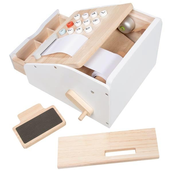 Wooden toy cash register with accessories on a white background