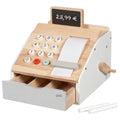 Wooden toy cash register with blackboard display and paper roll on a white background