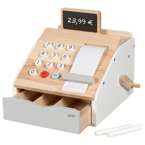 Wooden toy cash register with blackboard display and paper roll on a white background