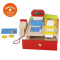Wooden toy cash register with digital display and buttons, featuring the 'spiel gut' logo.