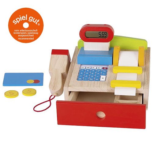 Wooden toy cash register with digital display and buttons, featuring the 'spiel gut' logo.