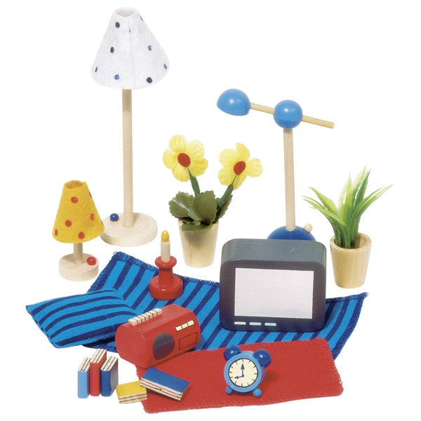 Set of miniature furniture and decor items on a white background