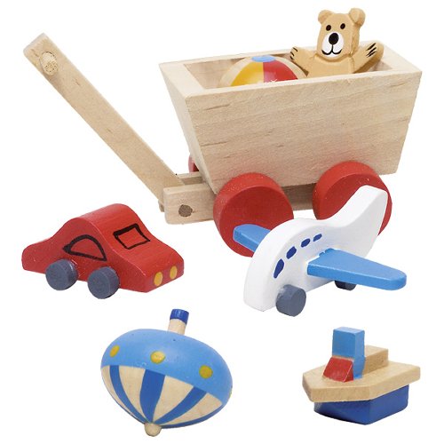 Set of wooden toys including a cart, car, airplane, boat, and balloon on a white background
