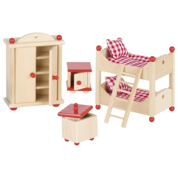 Set of wooden dollhouse furniture including a bed, cabinet, and table on a white background