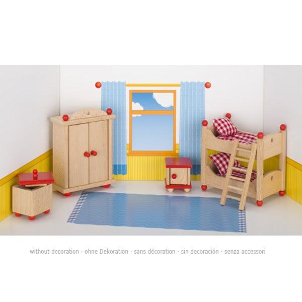 Children's room with wooden furniture including a bed, wardrobe, and table.