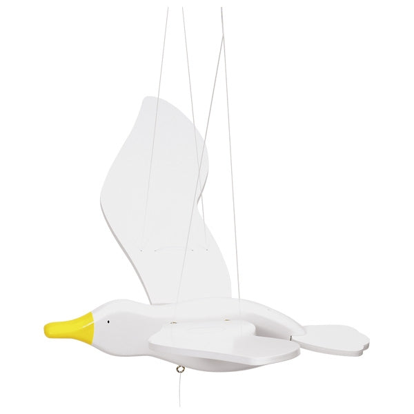 White swan-shaped lamp with a yellow beak on a white background