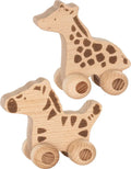 Two wooden giraffe & zebra toys on wheels against a white background