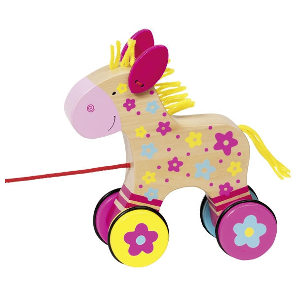 Colorful horse-shaped pull toy with wheels on a white background