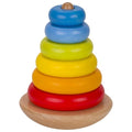 Colorful wooden stacking toy with rings on a white background