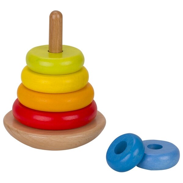 Colorful wooden ring stacker toy with additional blue rings on a white background