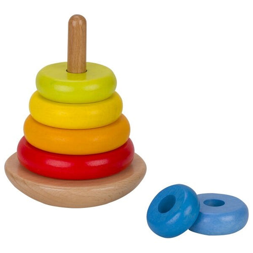 Colorful wooden ring stacker toy with additional blue rings on a white background