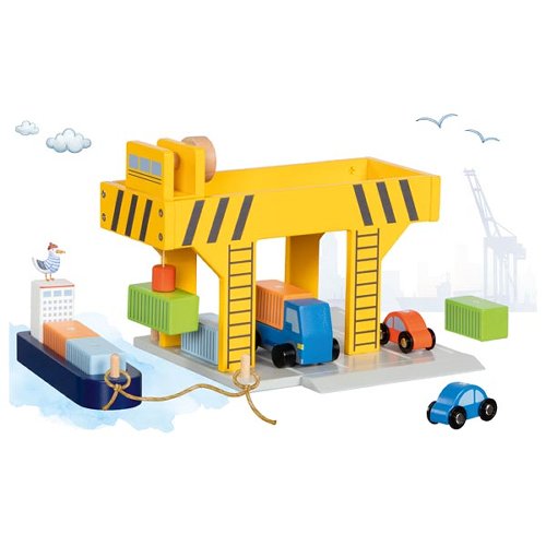 Toy crane set with trucks and a boat on a white background