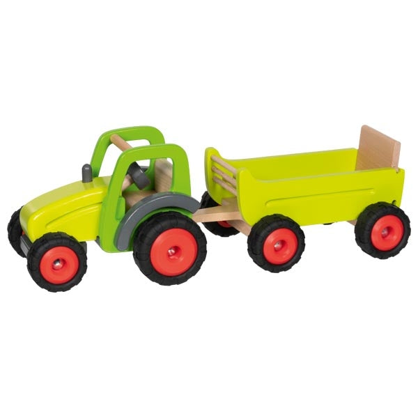 Toy tractor with a green body, red wheels, and a wooden trailer on a white background