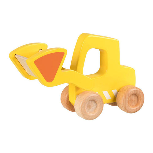 Yellow toy bulldozer with wooden wheels on a white background