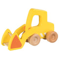 Yellow toy bulldozer with wooden wheels on a white background