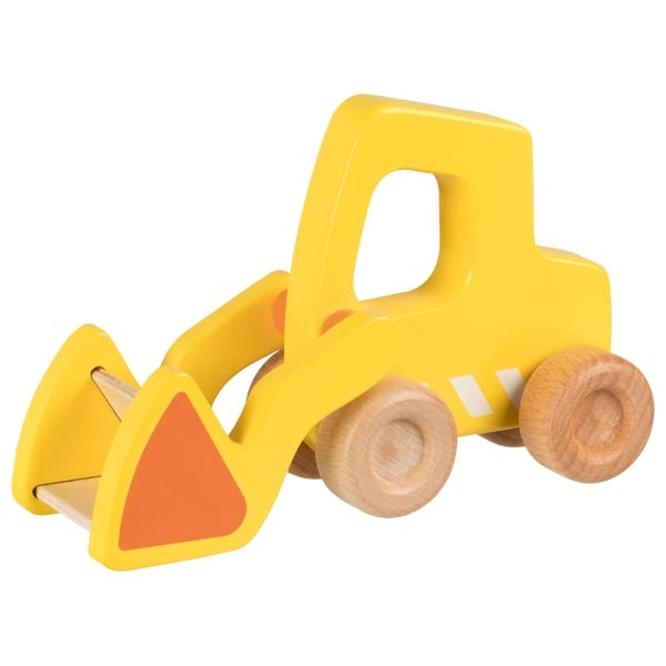 Yellow toy bulldozer with wooden wheels on a white background