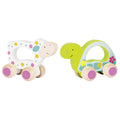 Two colorful wooden toys shaped like a sheep and a turtle on a white background