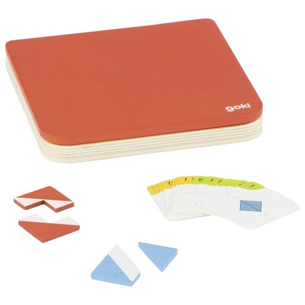 Children's educational toy set with red board, cards, and geometric shapes on a white background