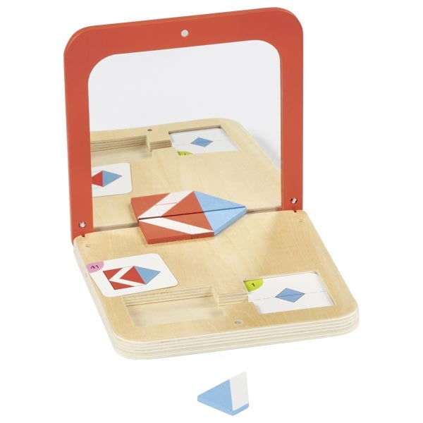 Wooden geometric shape sorting toy with red lid and wooden base on a white background