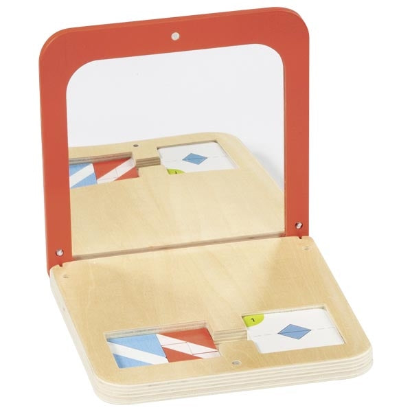 Open wooden case with colorful cards on a white background