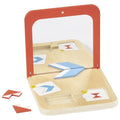 Wooden puzzle with geometric shapes and cards in a red and beige box on a white background