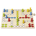 Colorful board game with pieces and a dice on a white background