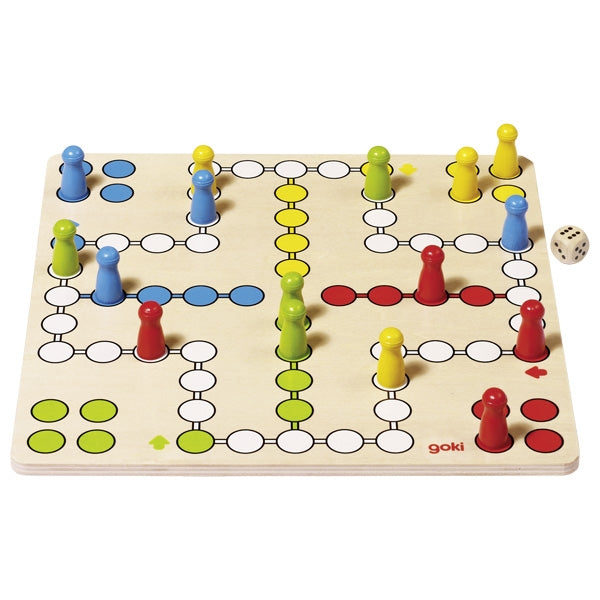 Colorful board game with pieces and a dice on a white background