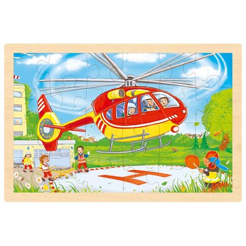 Children's puzzle with a red helicopter and firefighters on a wooden frame