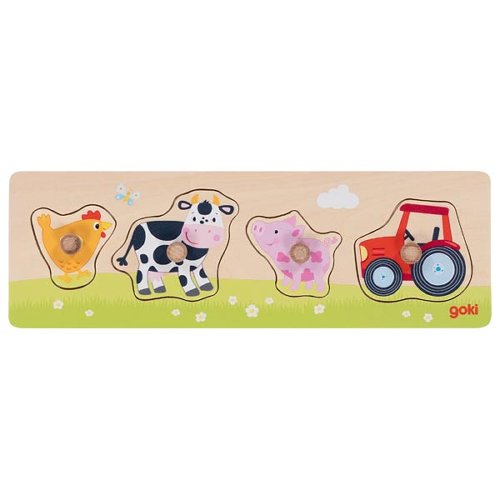 Wooden farm animal puzzle with chicken, cow, pig, and tractor on a white background
